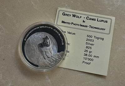 ❤️【币观天下】❤️ 第329期钱币拍卖- 2025.10.31周五晚上6点半场-长期征集拍品 - 蒙古2003年草原灰狼特效影像银币 面值500图，925银25克，直径38毫米，发行量10000枚，带证书。