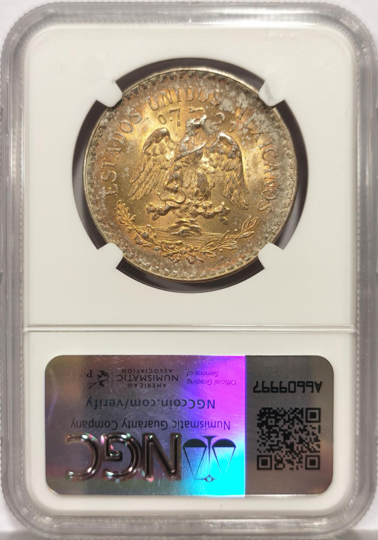 博洋堂世界钱币拍卖第144期（全场包邮） NGC MS64 墨西哥1943年小鹰1比索银币，正反黄油渐变五彩，鹰羽根根分明，好品好味道