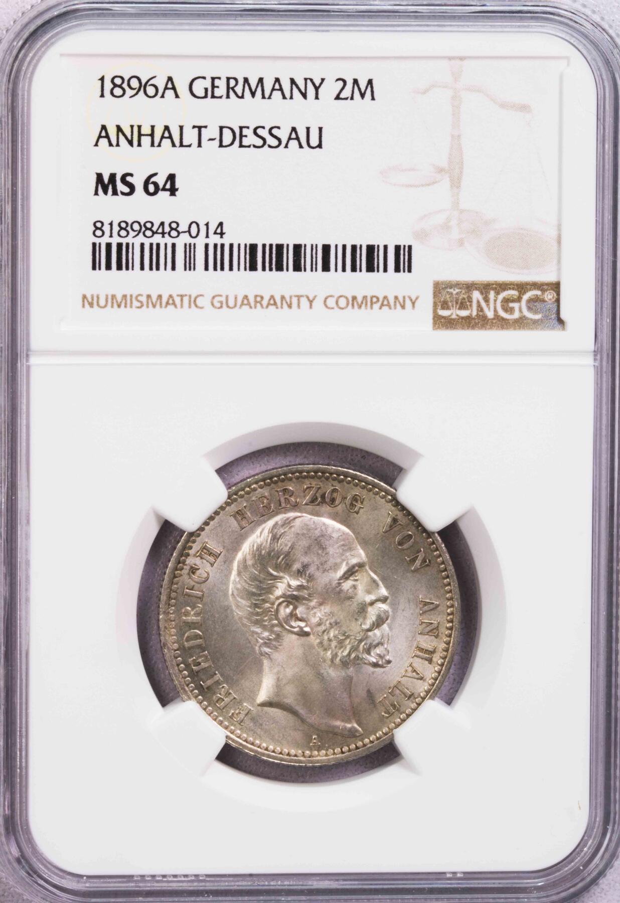 NGC-MS64 1894安哈特2马克银币 经典小邦