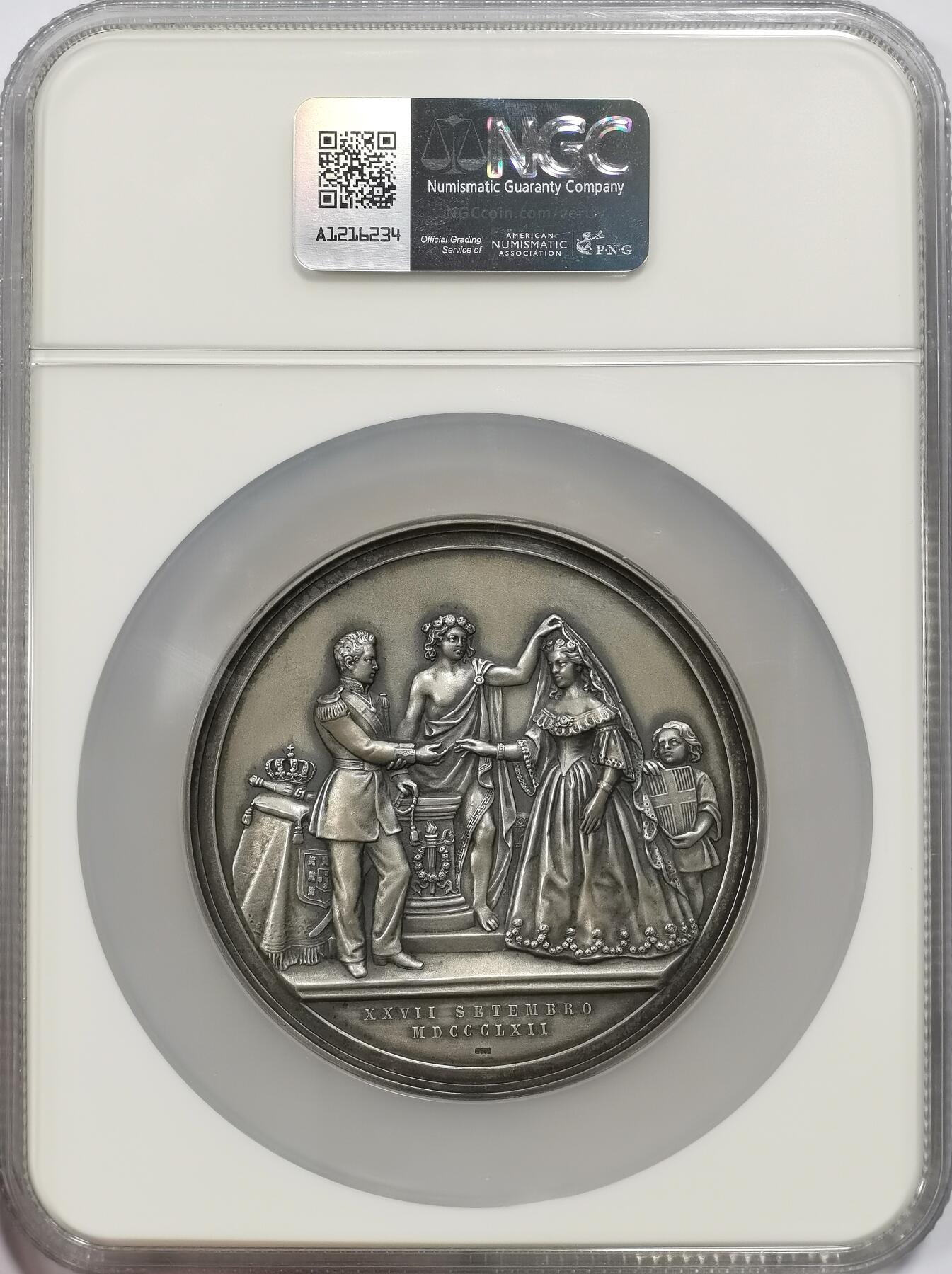博洋堂“物美丰成”11月精品专场暨第145期（全场包邮） NGC MS64 意大利1862年纪念葡萄牙国王路易斯一世和意大利公主玛丽娅大婚纪念大银章，直径74mm，重约152.2克，雕刻大师Demetrio Canzani作品，正面是葡萄牙国王路易斯一世和意大利公主玛丽娅双人左侧面头像，背面是婚礼场景和结婚日期，雕刻及其精美，极其罕见一枚意大利婚章。双面高浮雕，986高银版顶级品相
