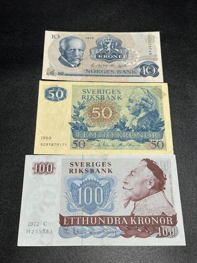 《外钞收藏家》第五百八十期（精选场）（本平台长期征集拍品、欢迎藏友们联系合作） - 挪威10克朗、瑞典50和100克朗 3张一起 非全新 品相如图
