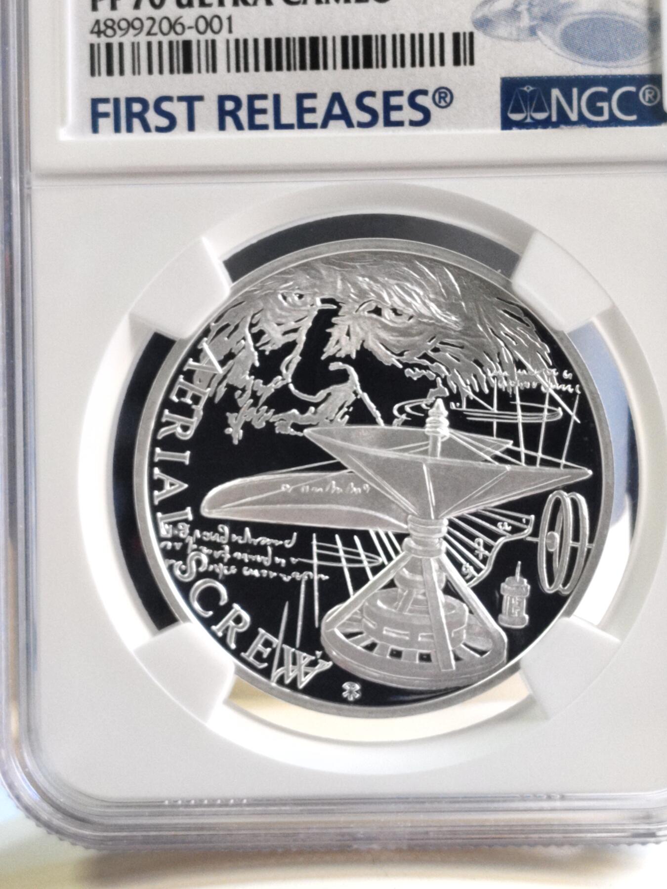第180期拍卖【长期征集拍品】【北京币展专场】 1盎司NGC70首期蓝标纽埃2019年达芬奇科学发明系列1螺旋飞行器精制银币999银31.1克直径37毫米发行量仅1000枚