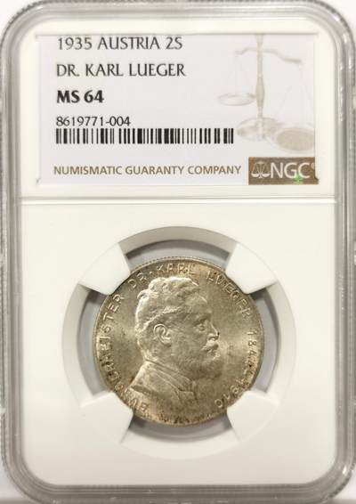 博洋堂世界钱币拍卖第144期（全场包邮） - NGC MS64 奥地利1935年卡尔·卢埃格尔纪念2先令银币，极美转光好品。