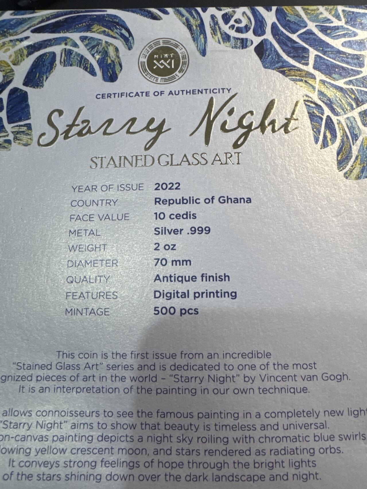 ❤️【币观天下】❤️ 第329期钱币拍卖- 2025.10.31周五晚上6点半场-长期征集拍品 加纳2022年彩色玻璃艺术系列第一枚梵高星月夜2盎司彩色银币999银发行量5000枚