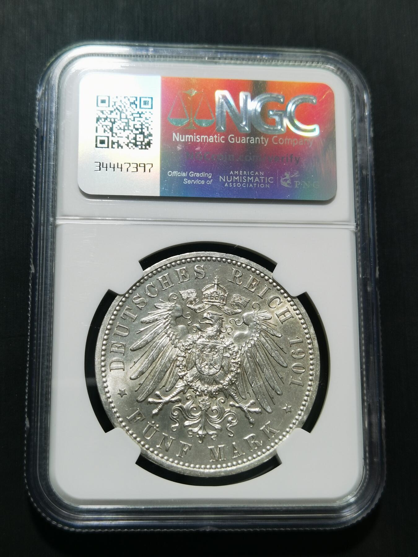 天下钱庄专场欢迎参拍 NGC UNC德国普鲁士建国200周年5马克银币