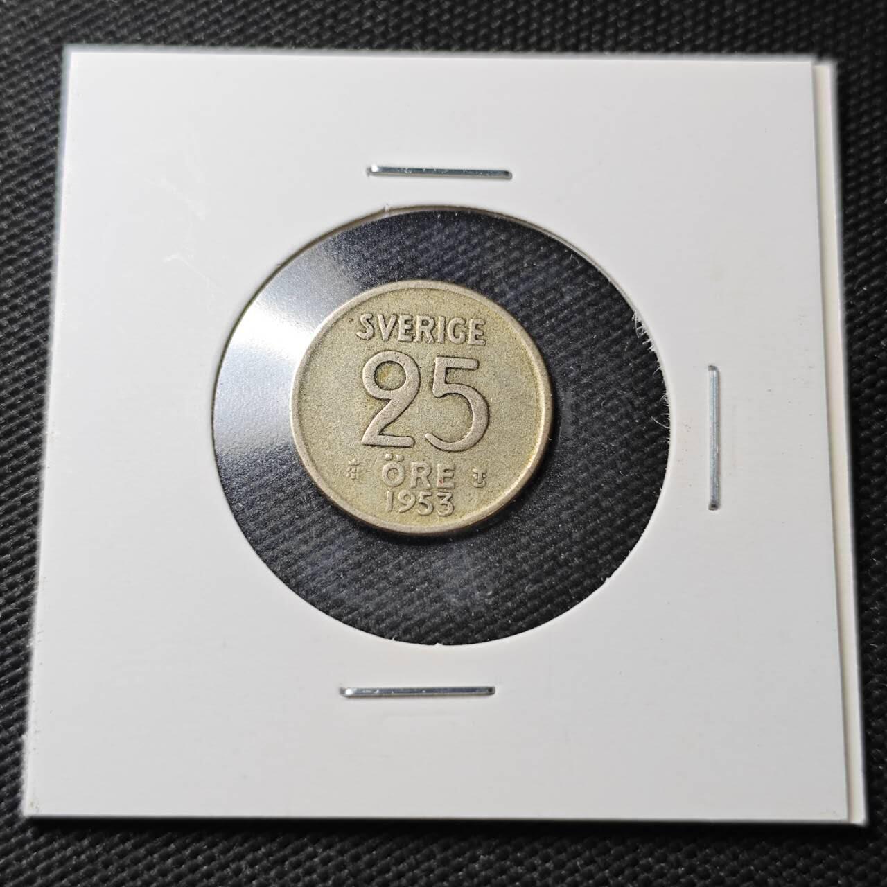KK钱币收藏小铺  第361场  2月预留时间 周末发货  1953瑞典25欧尔银币