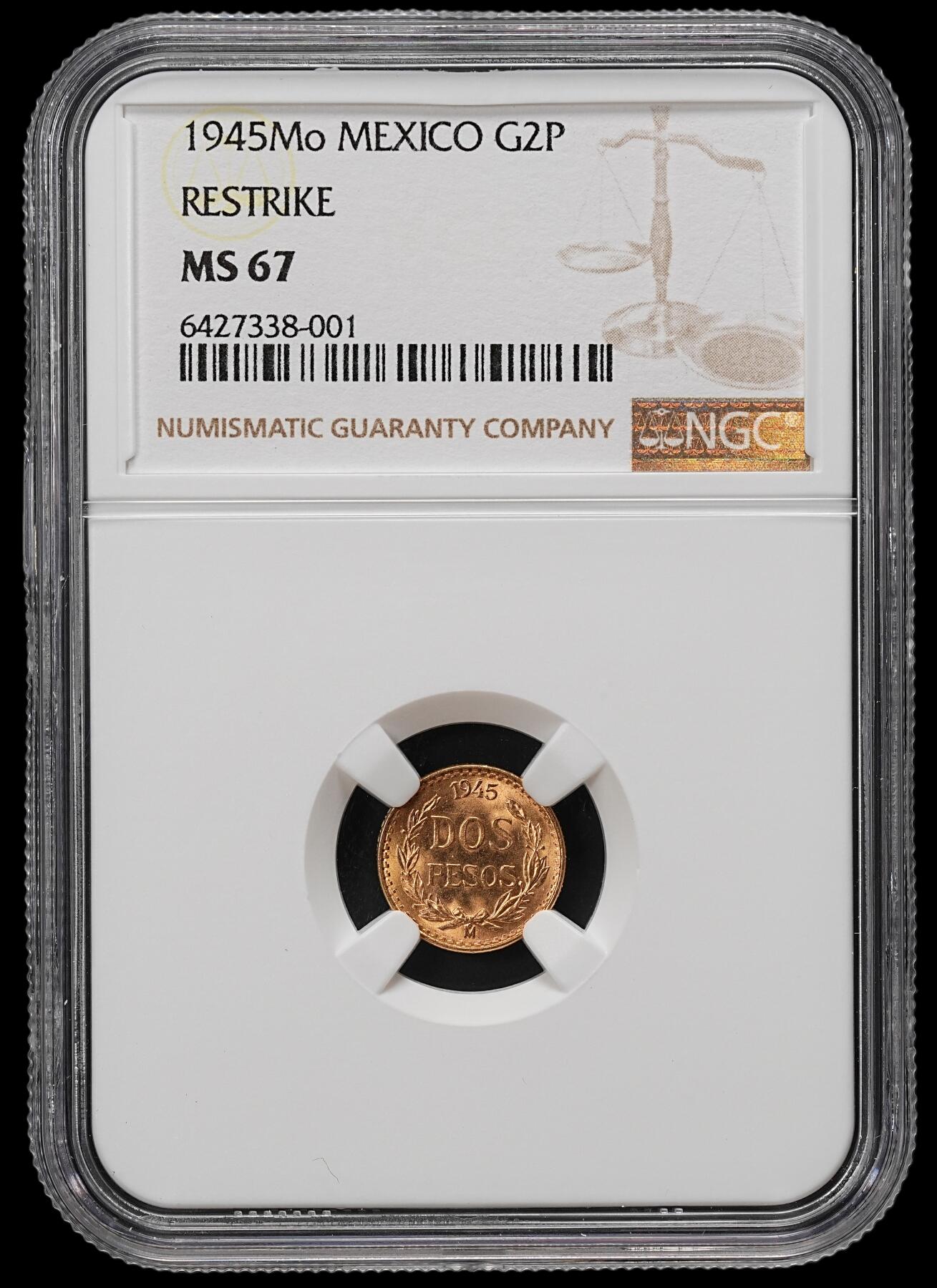 修遠堂世界钱币第九十一期 NGC MS67 1945年墨西哥2比索金币 1.67g，含金90% 后铸