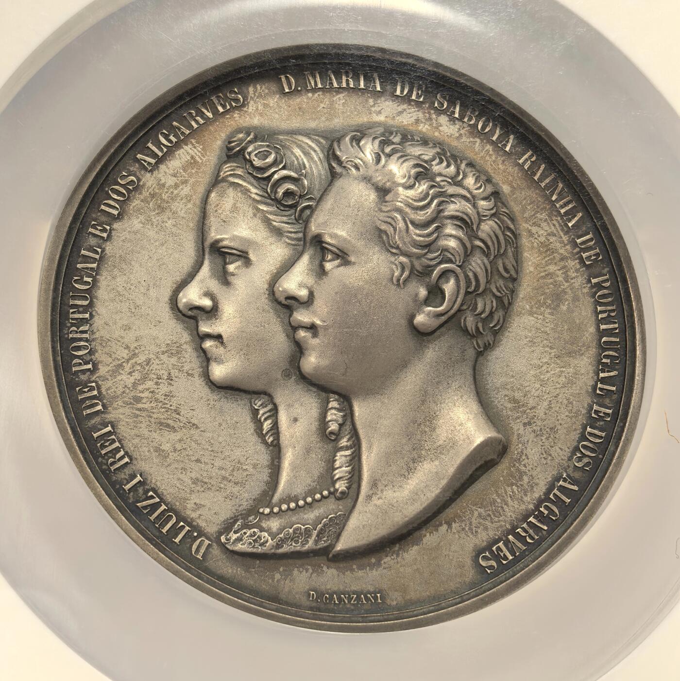 博洋堂“物美丰成”11月精品专场暨第145期（全场包邮） NGC MS64 意大利1862年纪念葡萄牙国王路易斯一世和意大利公主玛丽娅大婚纪念大银章，直径74mm，重约152.2克，雕刻大师Demetrio Canzani作品，正面是葡萄牙国王路易斯一世和意大利公主玛丽娅双人左侧面头像，背面是婚礼场景和结婚日期，雕刻及其精美，极其罕见一枚意大利婚章。双面高浮雕，986高银版顶级品相