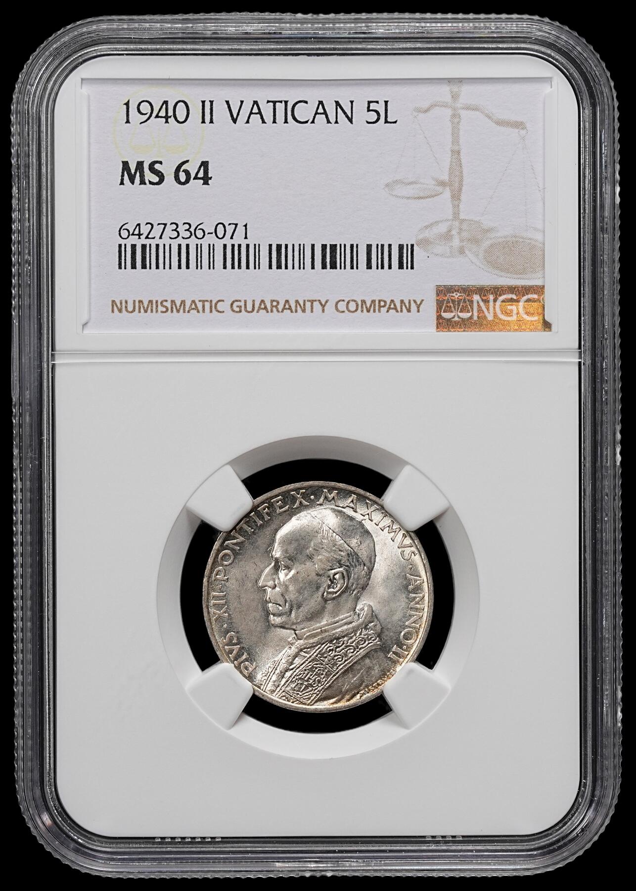 修遠堂世界钱币第九十一期 NGC MS64 1940年梵蒂冈5里拉银币