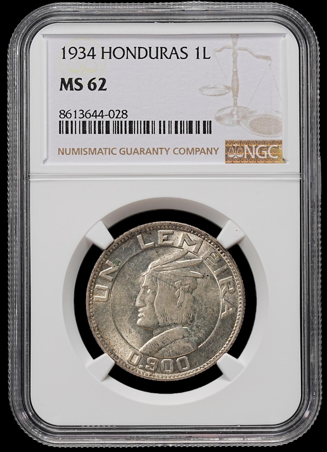 修遠堂世界钱币第九十一期 NGC MS62 1934年洪都拉斯1 LEMPIRA银币