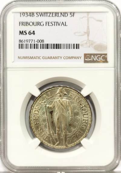 博洋堂世界钱币拍卖第144期（全场包邮） - NGC MS64 瑞士1934年弗赖堡射击节5法郎银币，少见品种，双面车轮光，双面淡彩好品。