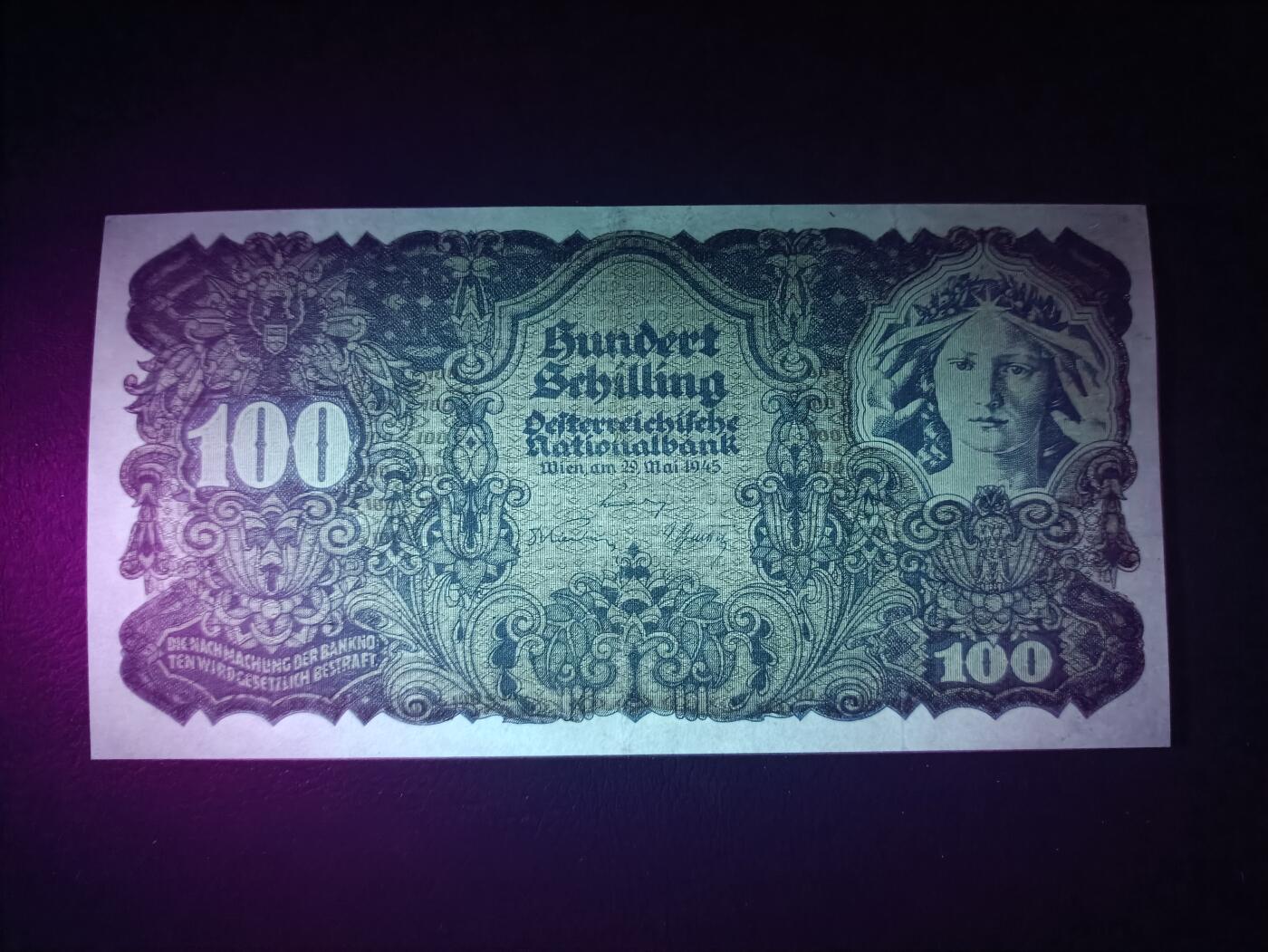 2025十一月第一期，总199期 奥地利1945版100先令AUNC，二战结束后盟军托管期发行，理论上属于二战盟军军票的一部分
