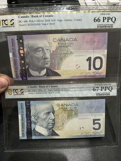 《外钞收藏家》第五百八十期（精选场）（本平台长期征集拍品、欢迎藏友们联系合作） - 2008年加拿大旅版5和2010年10元 2张一起 PCGS66、67