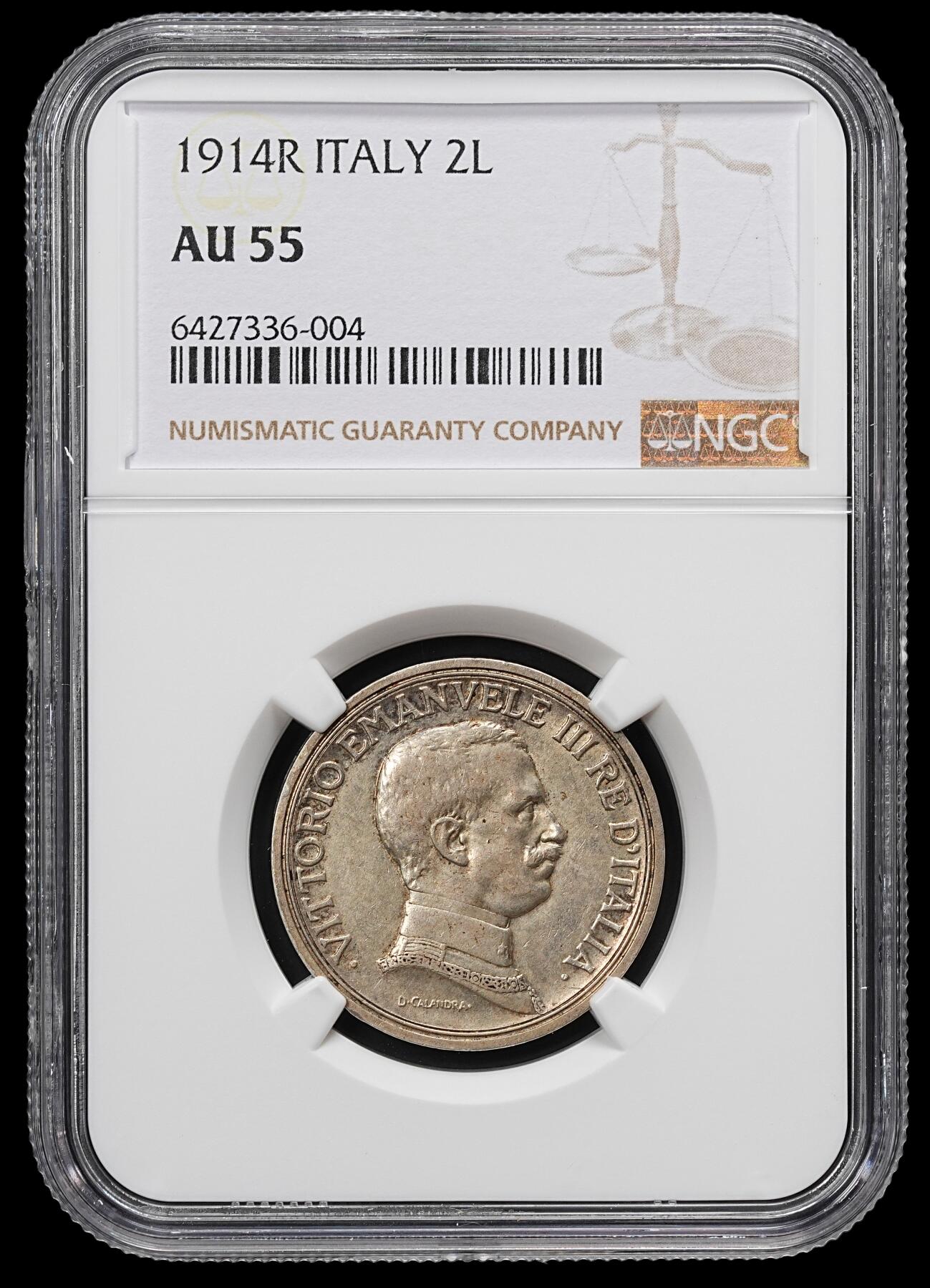 修遠堂世界钱币第九十一期 NGC AU55 1914年意大利马车2里拉银币