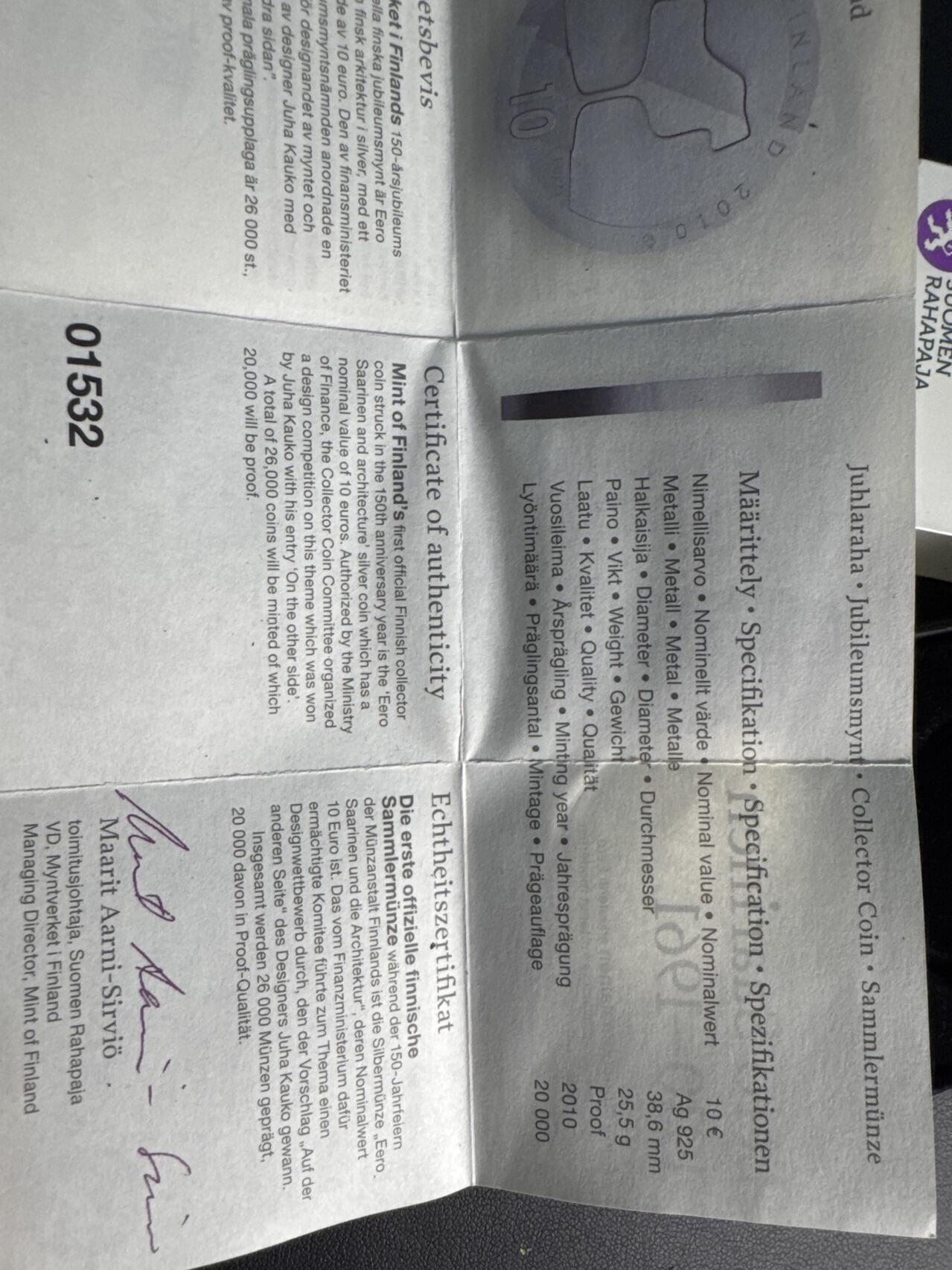 ❤️【币观天下】❤️ 第329期钱币拍卖- 2025.10.31周五晚上6点半场-长期征集拍品 原厂盒证芬兰2010年著名建筑设计师埃罗·沙里宁诞辰100周年精制纪念银币925银25.5克直径38.6毫米