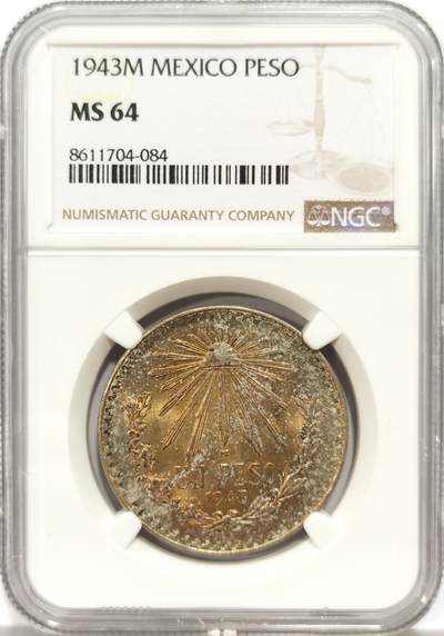 博洋堂世界钱币拍卖第144期（全场包邮） - NGC MS64 墨西哥1943年小鹰1比索银币，正反黄油渐变五彩，鹰羽根根分明，好品好味道
