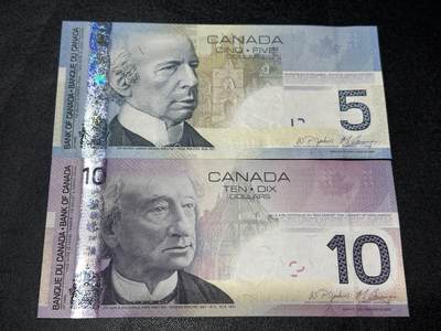 《外钞收藏家》第五百八十期（精选场）（本平台长期征集拍品、欢迎藏友们联系合作） - 加拿大之旅系列5/10元一对（尾号5575，后四位相同）	绝品