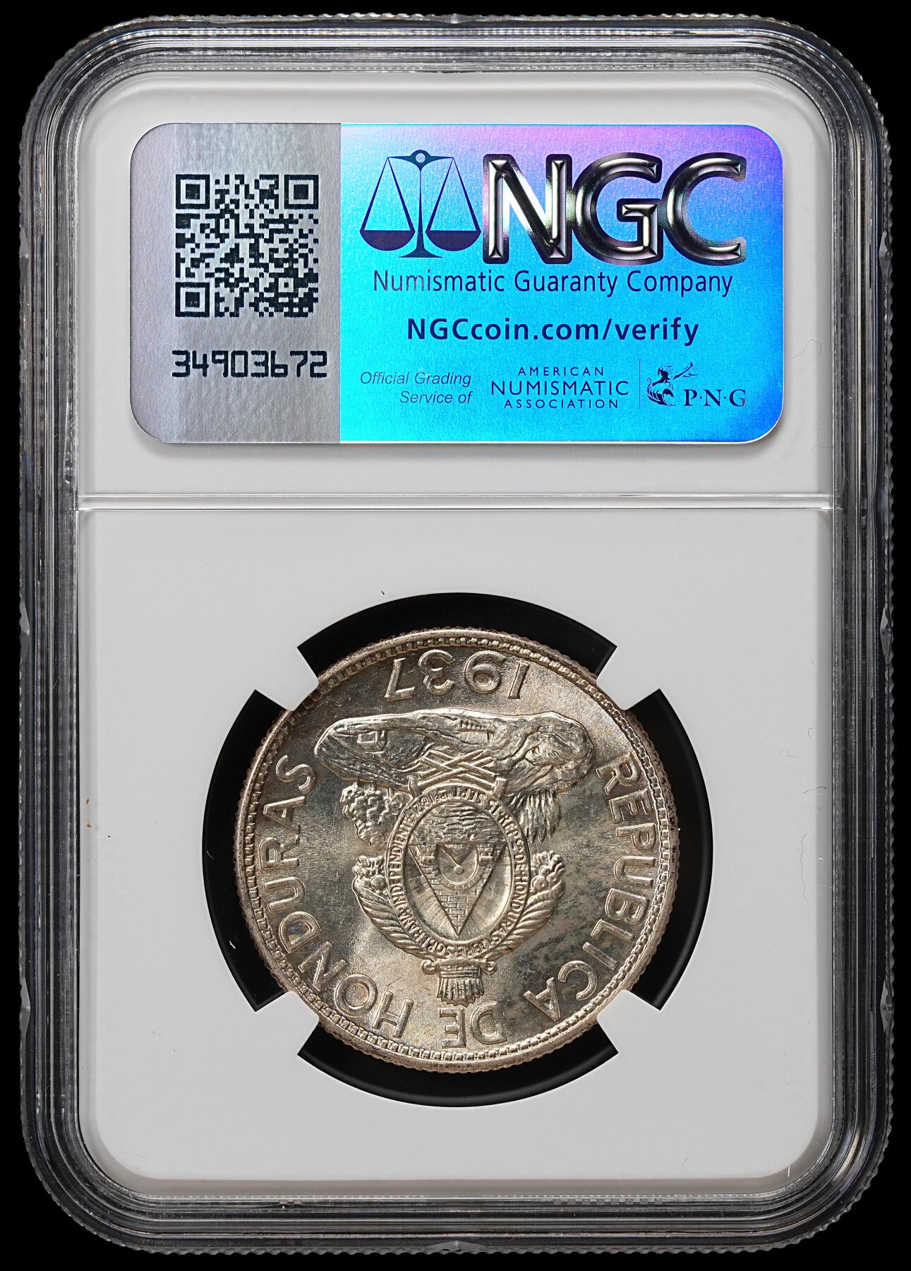 修遠堂世界钱币第九十一期 NGC MS64 1937年洪都拉斯1 LEMPIRA银币