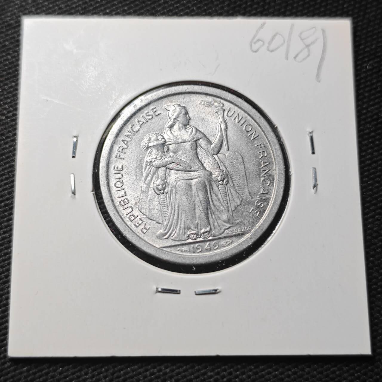 KK钱币收藏小铺  第360场  2月预留时间 周末发货  1949法属新喀里多尼亚2法郎