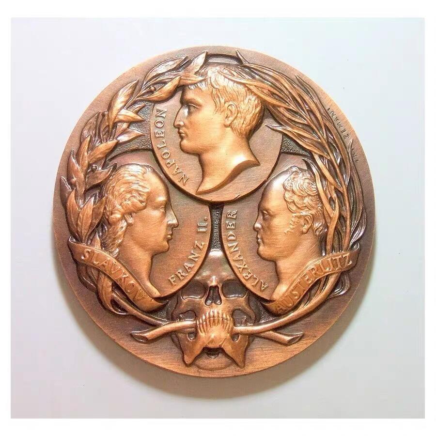 【艺术】法国艺术大章1805年 拿破仑亚历山大一世弗朗茨高浮雕精制超大铜章 带原盒 70MM 153克