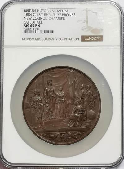 博洋堂“物美丰成”11月精品专场暨第145期（全场包邮） - NGC MS65 英国1884年金融城市政厅大铜章，直径77mm，Wyon作品，金融城系列经典之作，高分状态颇佳。