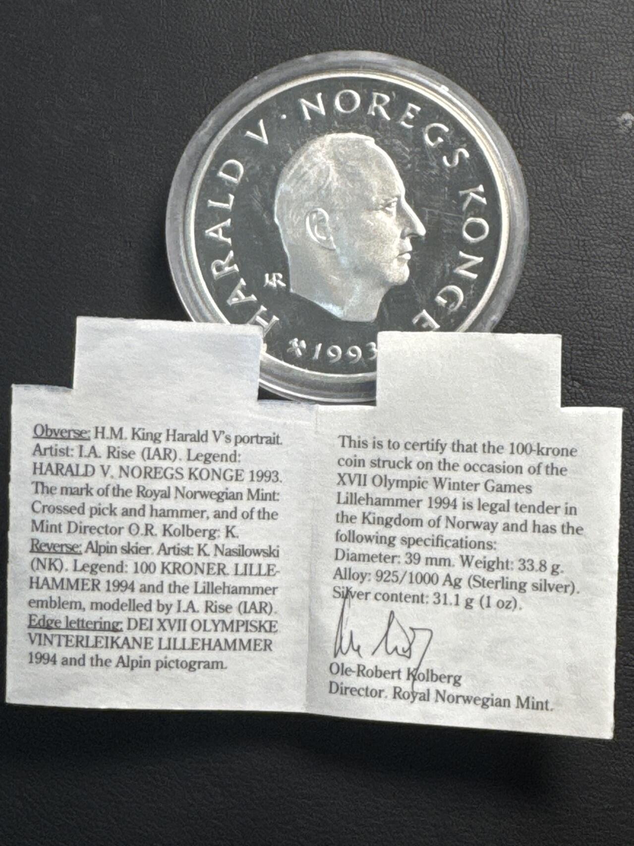 ❤️【币观天下】❤️ 第329期钱币拍卖- 2025.10.31周五晚上6点半场-长期征集拍品 1993年挪威“雪中飞人”大银币 (重33.86克，直径39mm，带证书)