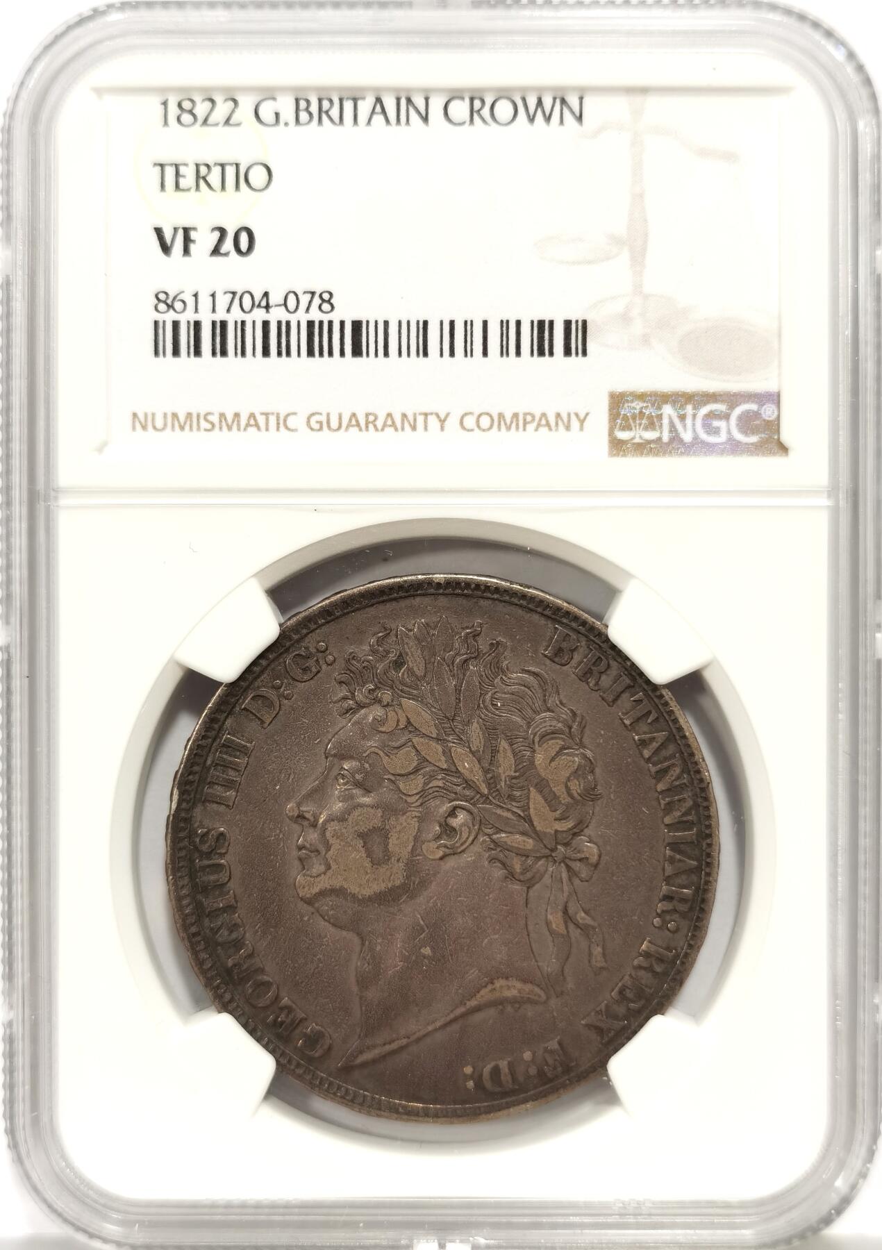 博洋堂世界钱币拍卖第144期（全场包邮） NGC VF20 英国1822年乔治四世马剑大银币，巧克力五彩包浆，油润感十足，正反深打，个人送评压分
