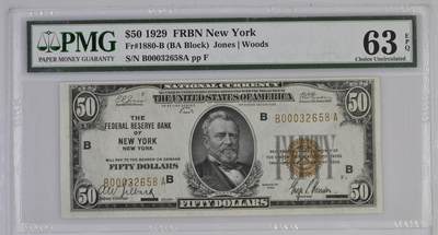 【礼羽收藏】🌏世界钱币拍卖第108期 - 1929年 50美元 联邦储备银行券 棕色号码 000开头万位号码 无457 联储分区B纽约首发A冠 PMG老壳63EPQ