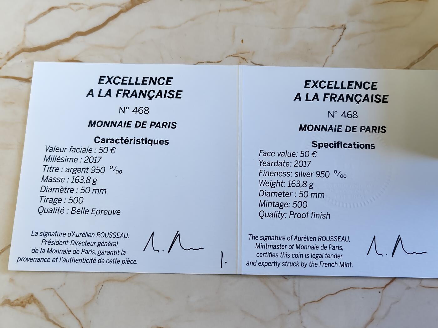 第180期拍卖【长期征集拍品】【北京币展专场】 获奖法国2017年米其林季萨瓦餐厅的鸡蛋5盎司银币，950银，发行500枚