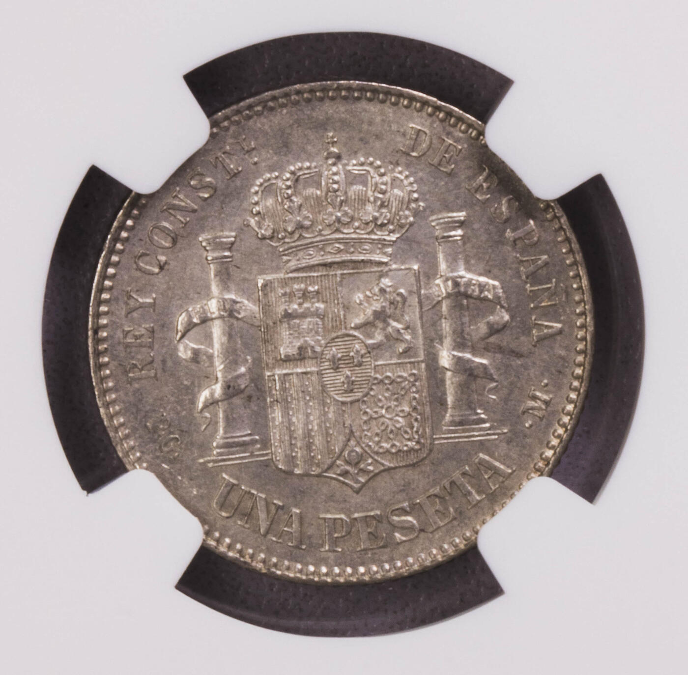 NGC-MS62 1891西班牙小光头1比塞塔银币 原光稀少