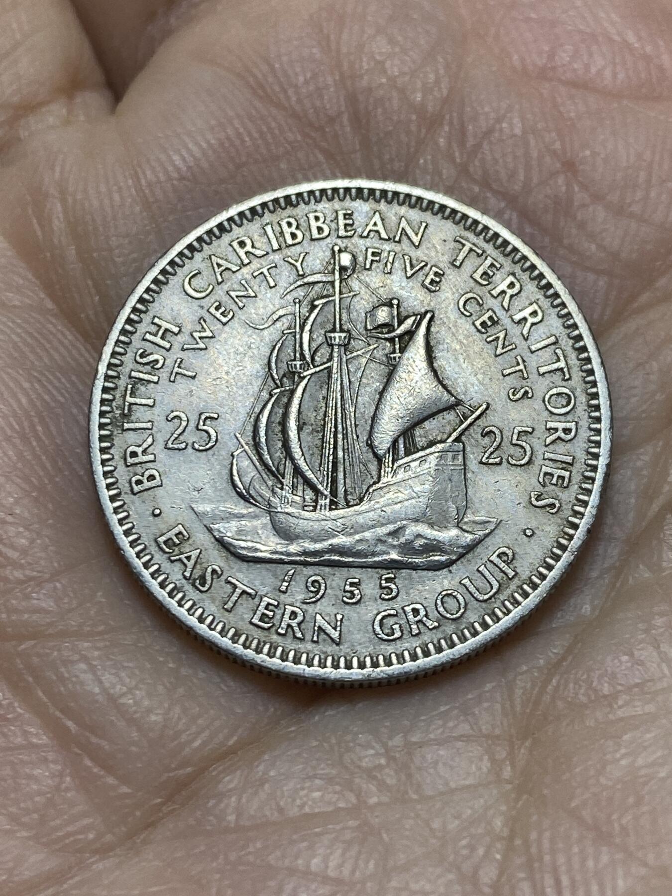 2025年第一百一十九场(总第一百四十五场）外国好品散币(免佣金) 英属加勒比领地1955年25分(伊丽莎白二世青年带冠，首发年)