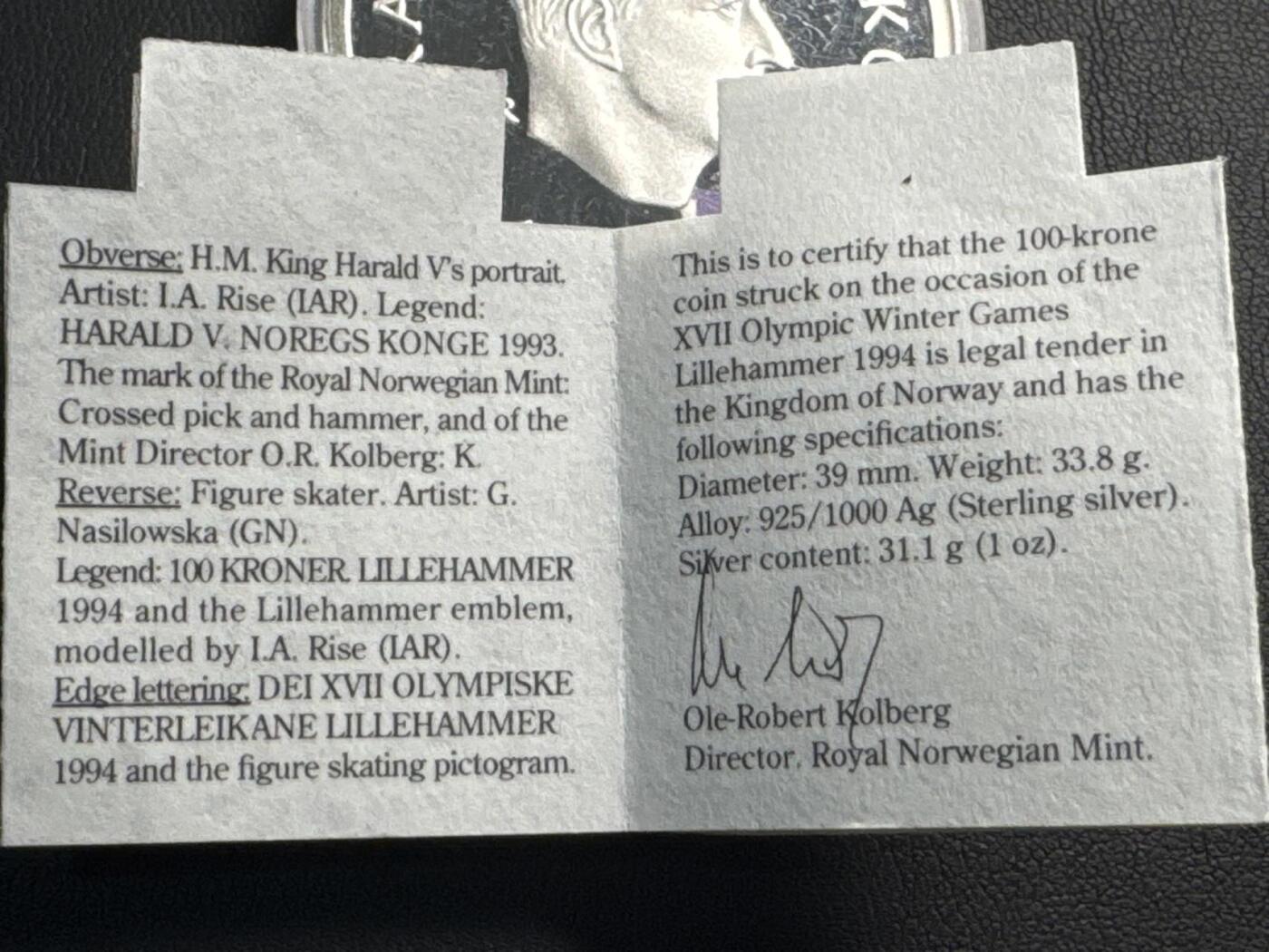 ❤️【币观天下】❤️ 第329期钱币拍卖- 2025.10.31周五晚上6点半场-长期征集拍品 1993年挪威“冰上皇后”大银币 (重33.86克，直径39mm，带证书)