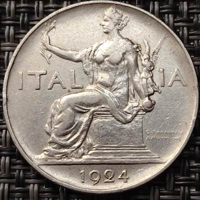 布加迪🐬～世界钱币(上海)🌾第 255 期 /  各国套币和散币 - 意大利🇮🇹 1924年 1里拉镍币 26.5mm