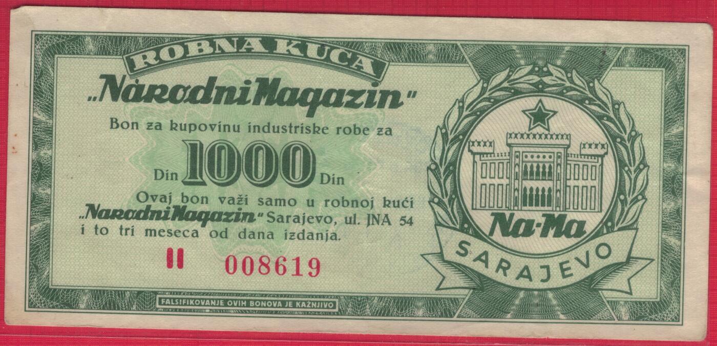 前南斯拉夫1958年发行的萨拉热窝人民商店1000第纳尔购物券 实物图 八五品 无47    该购物券用于特定工业商品采购，限定使用地点和期限。该券仅在萨拉热窝人民商店(位于JNA大街54号)使用，可用于购买工业商品，且自发行之日起三个月内有效。