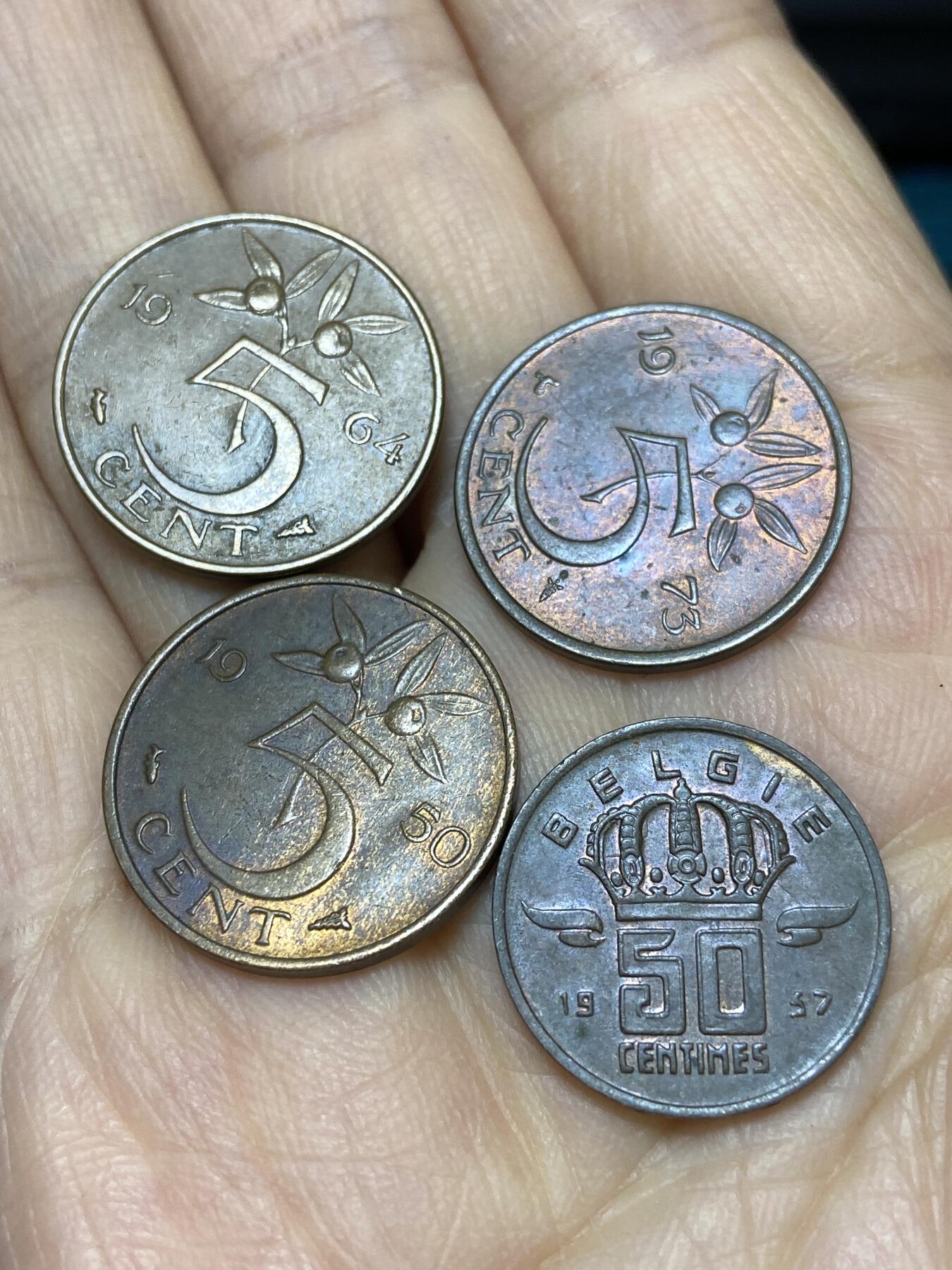 2025年第一百一十九场(总第一百四十五场）外国好品散币(免佣金) 散币4枚：荷兰🇳🇱1950年1964年1973年5分，比利时🇧🇪1957年50分