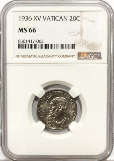 博洋堂世界钱币拍卖第144期（全场包邮） - NGC MS66 梵蒂冈1936年20分镍币，意大利雕刻师Motti作品，高分难得