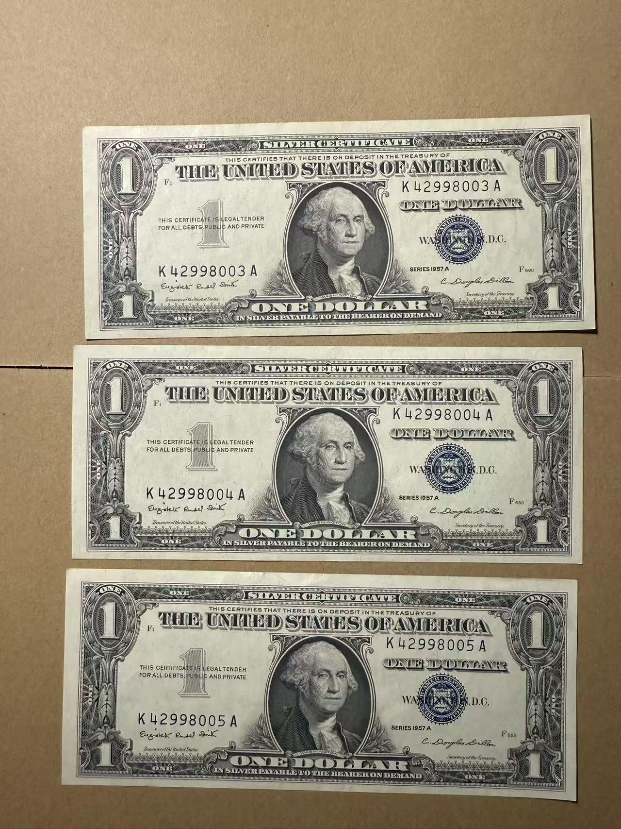 【礼羽收藏】🌏世界钱币拍卖第109期 美国1957年 1银币券 3张连号 全新unc- 