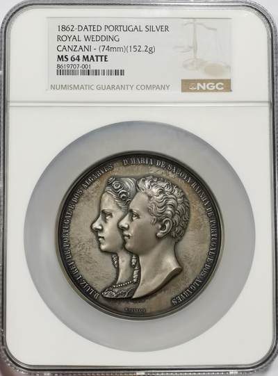博洋堂“物美丰成”11月精品专场暨第145期（全场包邮） - NGC MS64 意大利1862年纪念葡萄牙国王路易斯一世和意大利公主玛丽娅大婚纪念大银章，直径74mm，重约152.2克，雕刻大师Demetrio Canzani作品，正面是葡萄牙国王路易斯一世和意大利公主玛丽娅双人左侧面头像，背面是婚礼场景和结婚日期，雕刻及其精美，极其罕见一枚意大利婚章。双面高浮雕，986高银版顶级品相