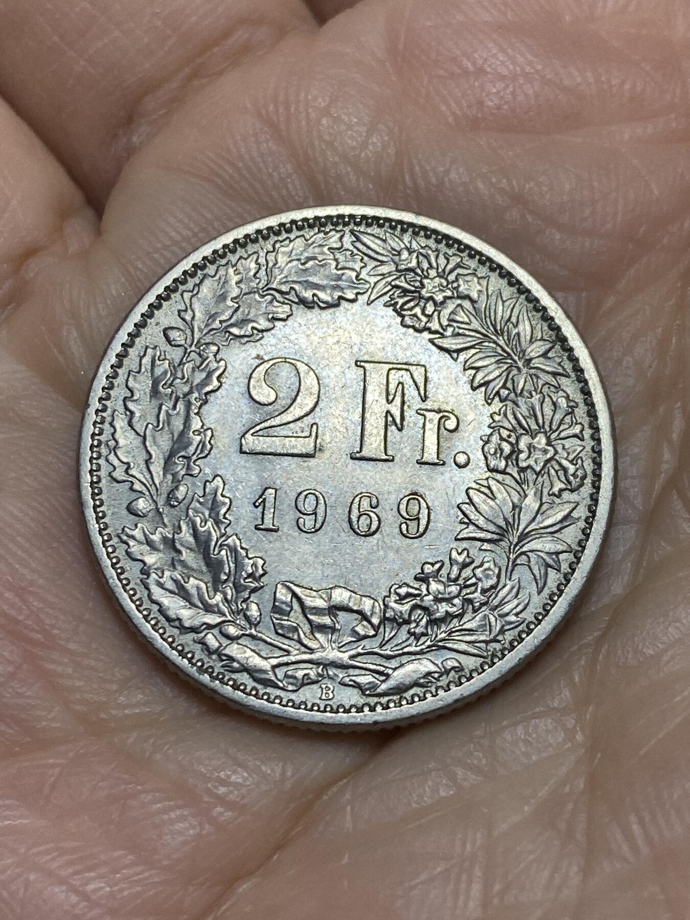 2025年第一百一十九场(总第一百四十五场）外国好品散币(免佣金) 瑞士🇨🇭1969年2法郎(B标伯尔尼造)