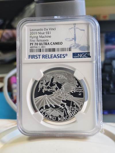 第180期拍卖【长期征集拍品】【北京币展专场】 - 1盎司NGC70首期蓝标纽埃2019年达芬奇科学发明系列2机械飞行器精制银币999银31.1克直径37毫米发行量仅1000枚