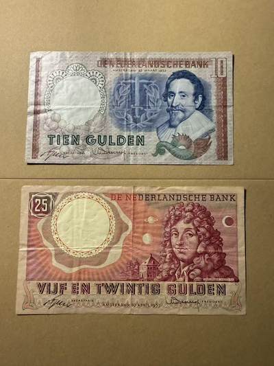 【礼羽收藏】🌏世界钱币拍卖第109期 - 荷兰50年代 10盾25盾两张 品相如图 流通品 少见版本