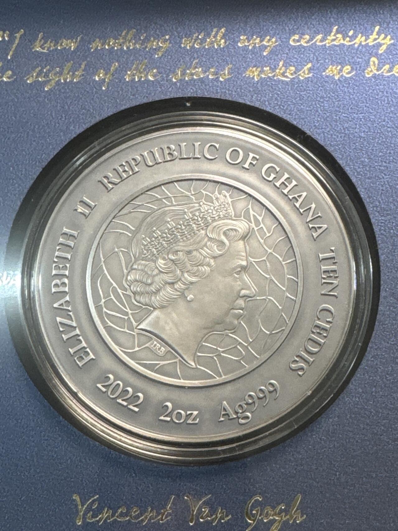 ❤️【币观天下】❤️ 第329期钱币拍卖- 2025.10.31周五晚上6点半场-长期征集拍品 加纳2022年彩色玻璃艺术系列第一枚梵高星月夜2盎司彩色银币999银发行量5000枚