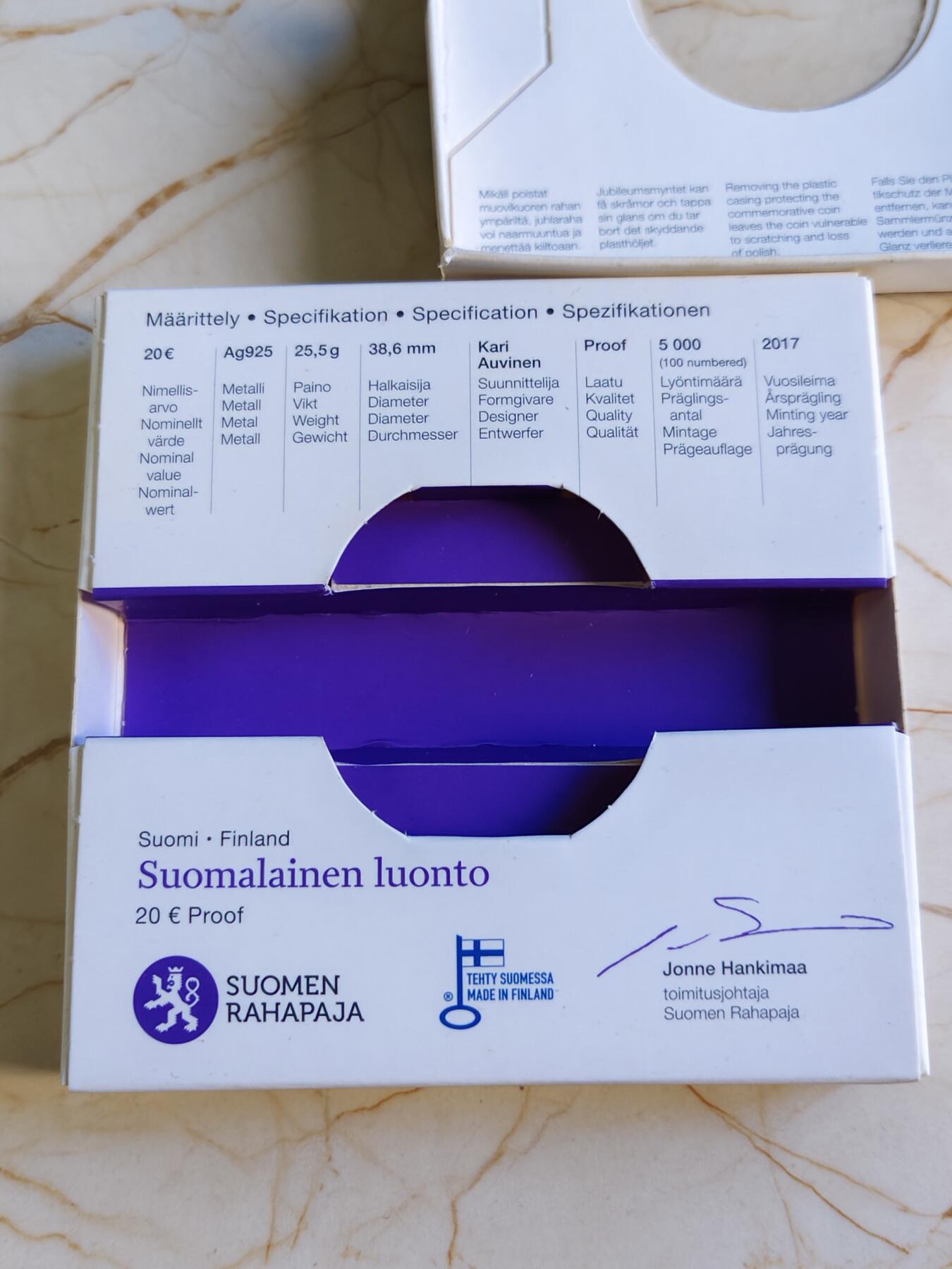 第180期拍卖【长期征集拍品】【北京币展专场】 获奖芬兰2017年自然系列乌鸦20欧NGC69精制银币925银25.5克直径38.6毫米