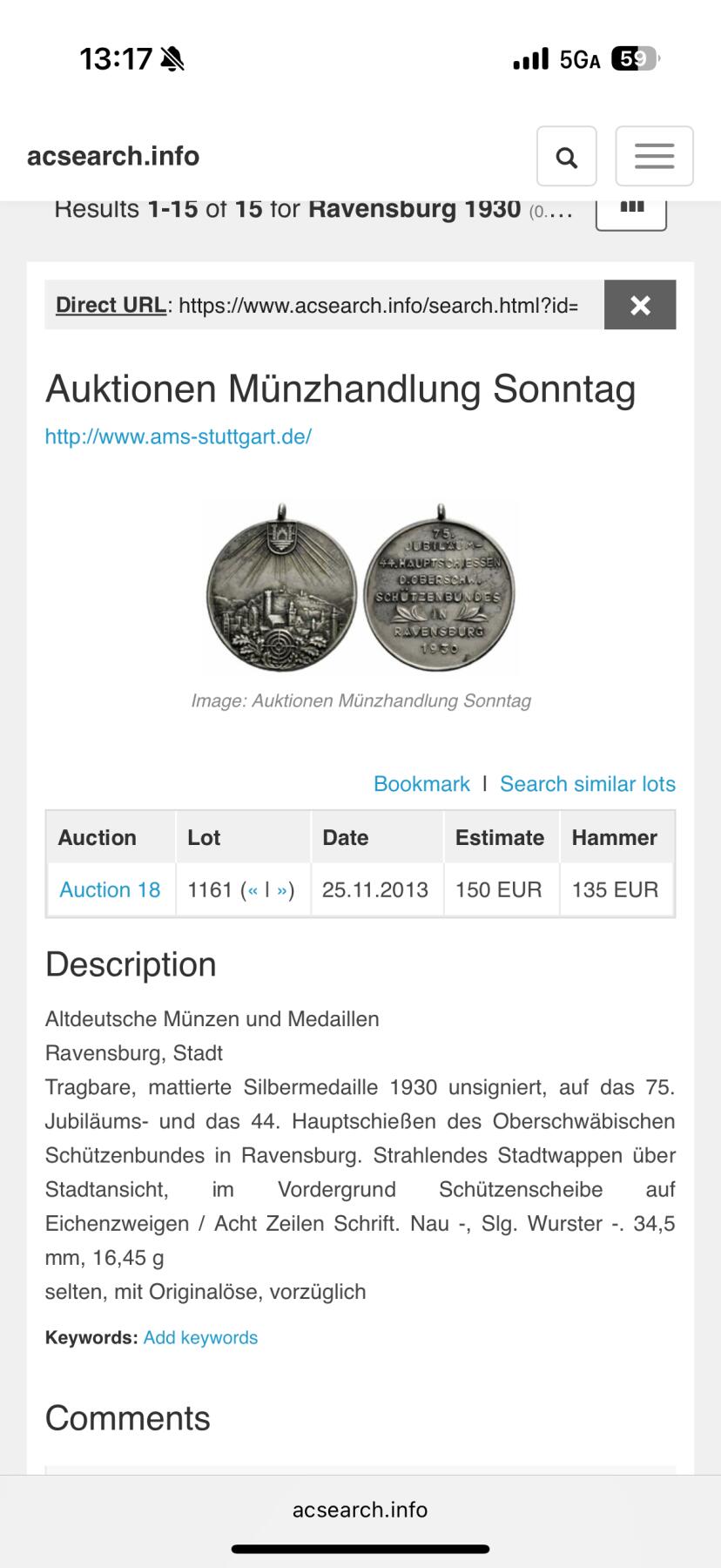 PCGS-MS63 1930德国拉文斯堡射击节银章唯一冠军