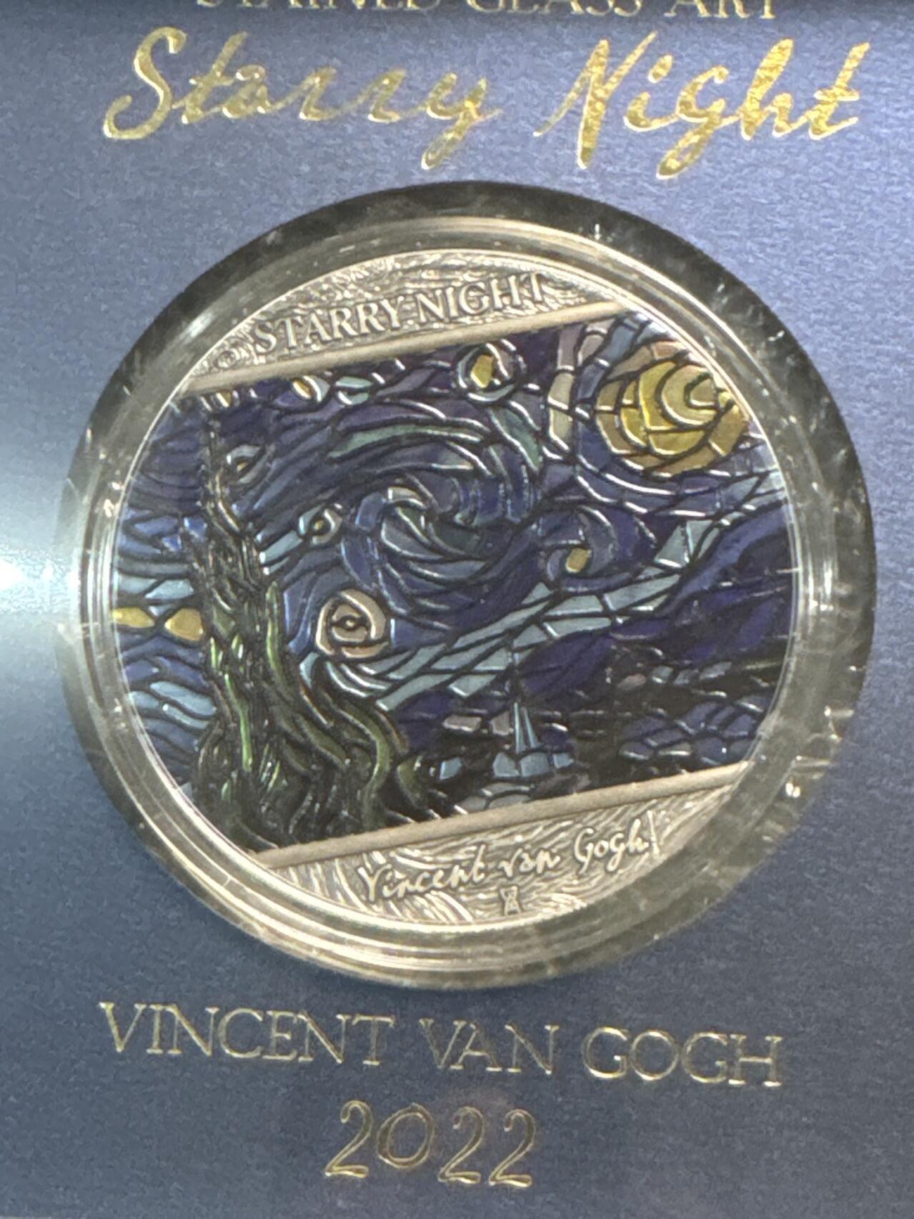 ❤️【币观天下】❤️ 第329期钱币拍卖- 2025.10.31周五晚上6点半场-长期征集拍品 加纳2022年彩色玻璃艺术系列第一枚梵高星月夜2盎司彩色银币999银发行量5000枚