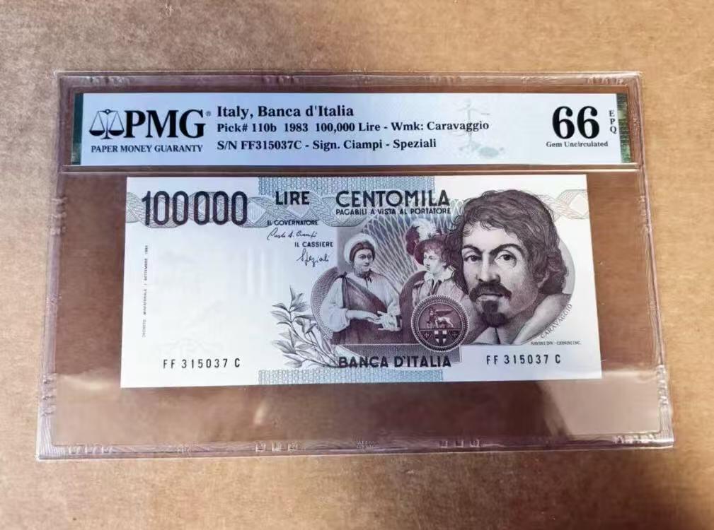 【礼羽收藏】🌏世界钱币拍卖第109期 意大利 1983年10万里拉 卡拉瓦乔 PMG66EPQ 初版