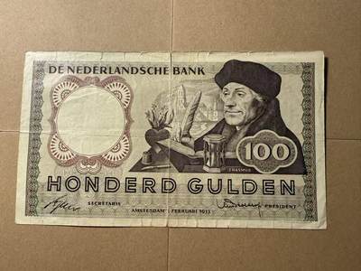 【礼羽收藏】🌏世界钱币拍卖第109期 - 荷兰1953年100盾 伊拉斯莫 稀少品种 品相如图 流通品有裂