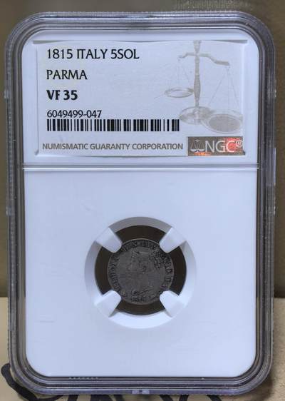 北京马甸外国币专卖第145期，外国币专场，陆续上拍，欢迎关注 - 意大利帕尔马大公国1815年5S0L银币，NGC评级VF35分（法占意大利帕尔马女大公拿破仑皇后5索银币