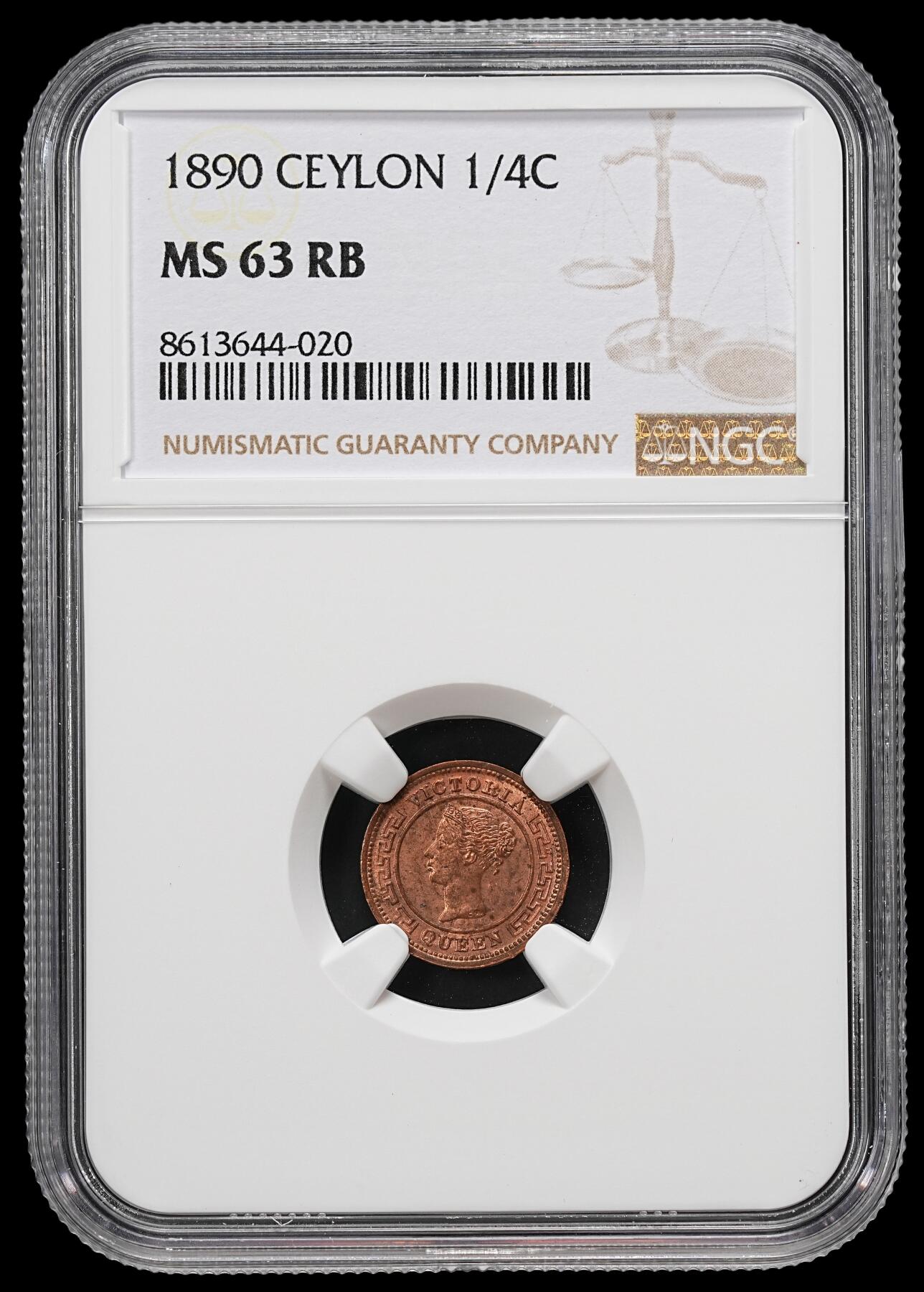 修遠堂世界钱币第九十一期 NGC MS63RB 1890年英属锡兰1/4分铜币