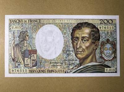 【礼羽收藏】🌏世界钱币拍卖第109期 - 法国 1983年200法郎 孟德斯鸠 全新UNC